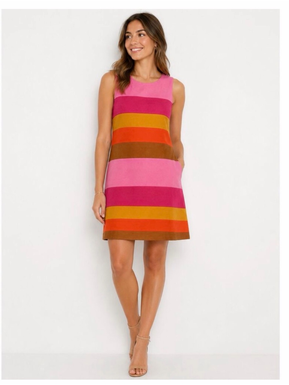 Julie Brown NYC Colorblock Faux Suede Shift Dress Pink Orange Brown Size L